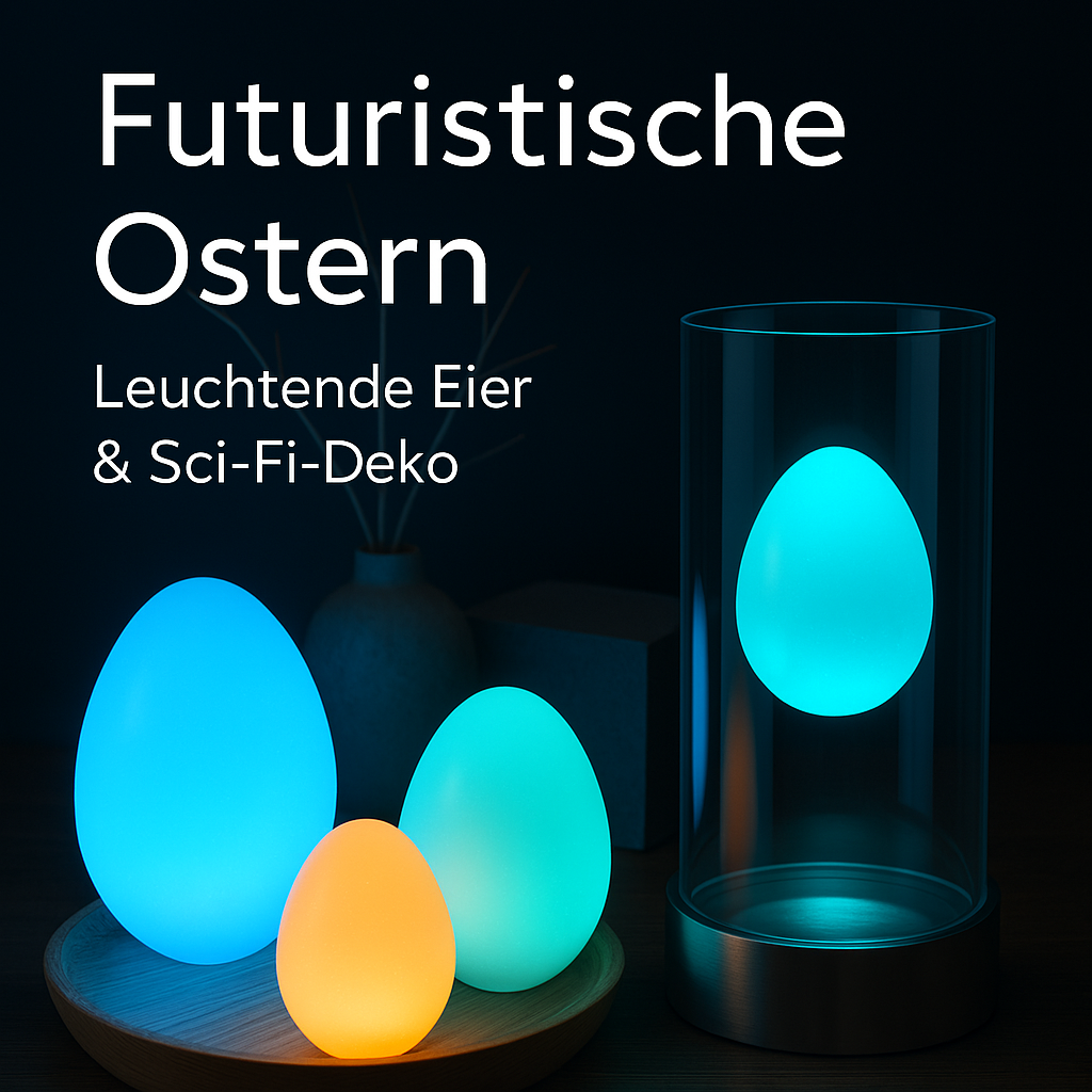 Drei leuchtende LED-Ostereier in Blau, Türkis und Orange auf einem Holztablett neben einem schwebenden Ei im Glaszylinder, inszeniert in futuristischer Osterdekoration mit dunklem Hintergrund.