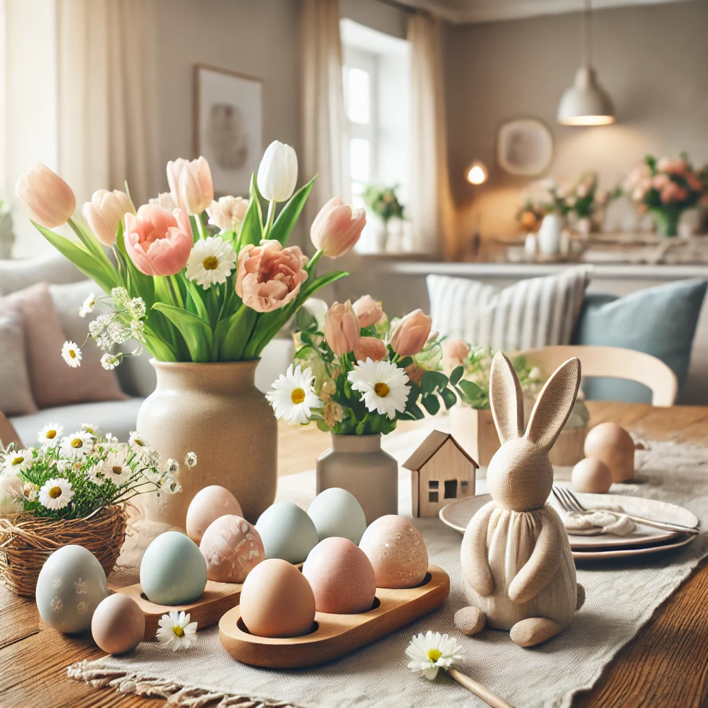Stilvolle Osterdeko auf einem Holztisch mit pastellfarbenen Eiern, Frühlingsblumen wie Tulpen und Gänseblümchen, sowie einem Stoffhasen in gemütlicher Wohnzimmeratmosphäre.