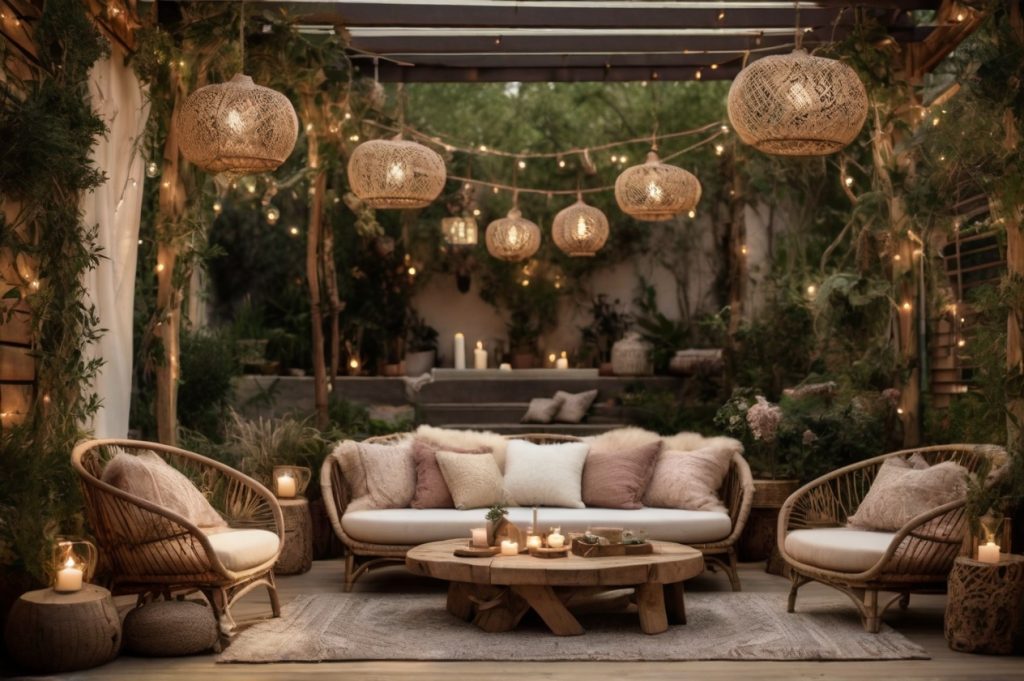 Gemütliche Boho-Sitzecke im Garten mit Rattansesseln, Kissen und Lichterketten