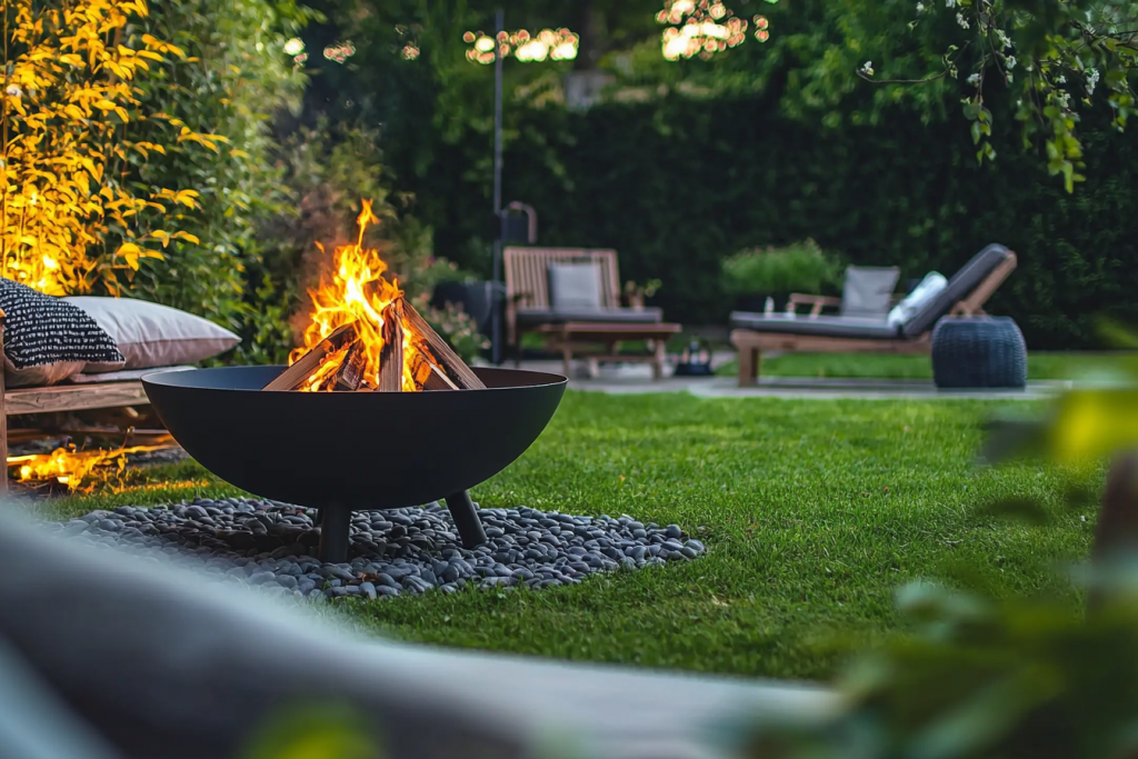 Moderne Feuerschale im Garten mit gemütlicher Sitzlounge und Lichterstimmung