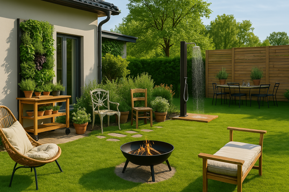 Garten gestalten im Frühling mit Kräuterwand, Gartendusche, Feuerschale und Sitzbereich