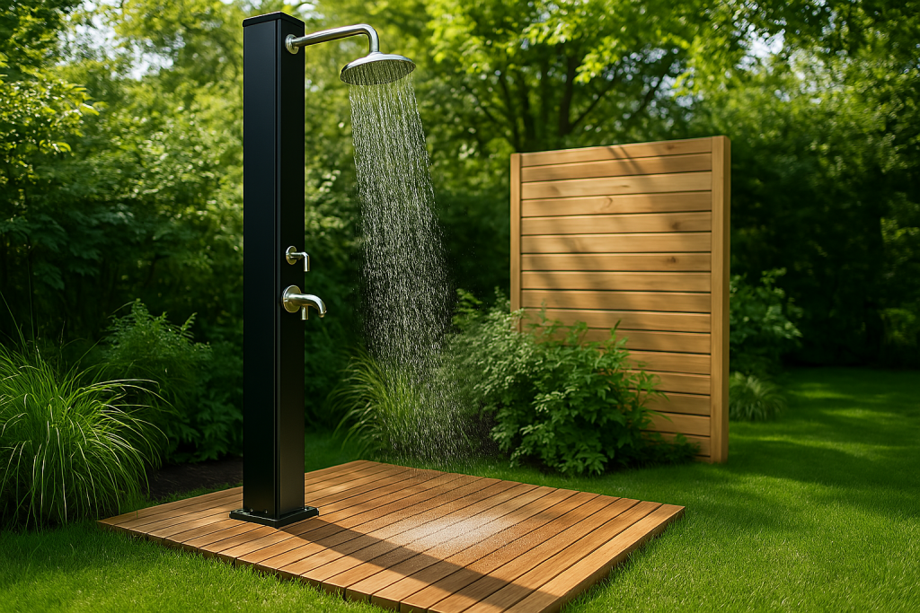 Moderne Solardusche mit Holzdeck und Sichtschutz im Naturgarten