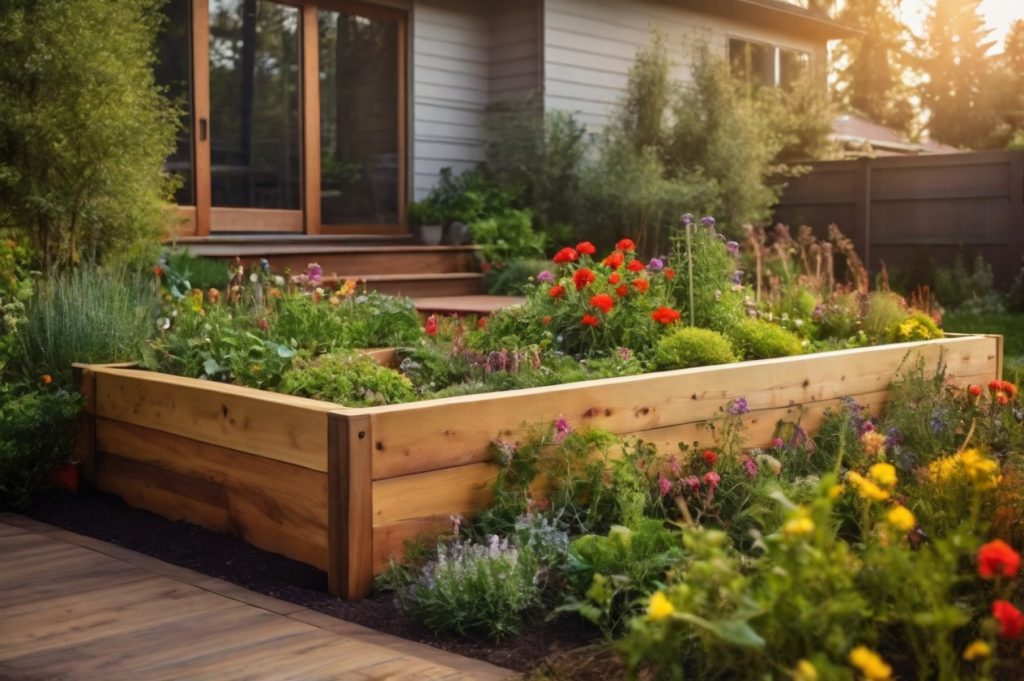 Hochbeet mit bunten Wildblumen in einem natürlichen Garten im Frühling