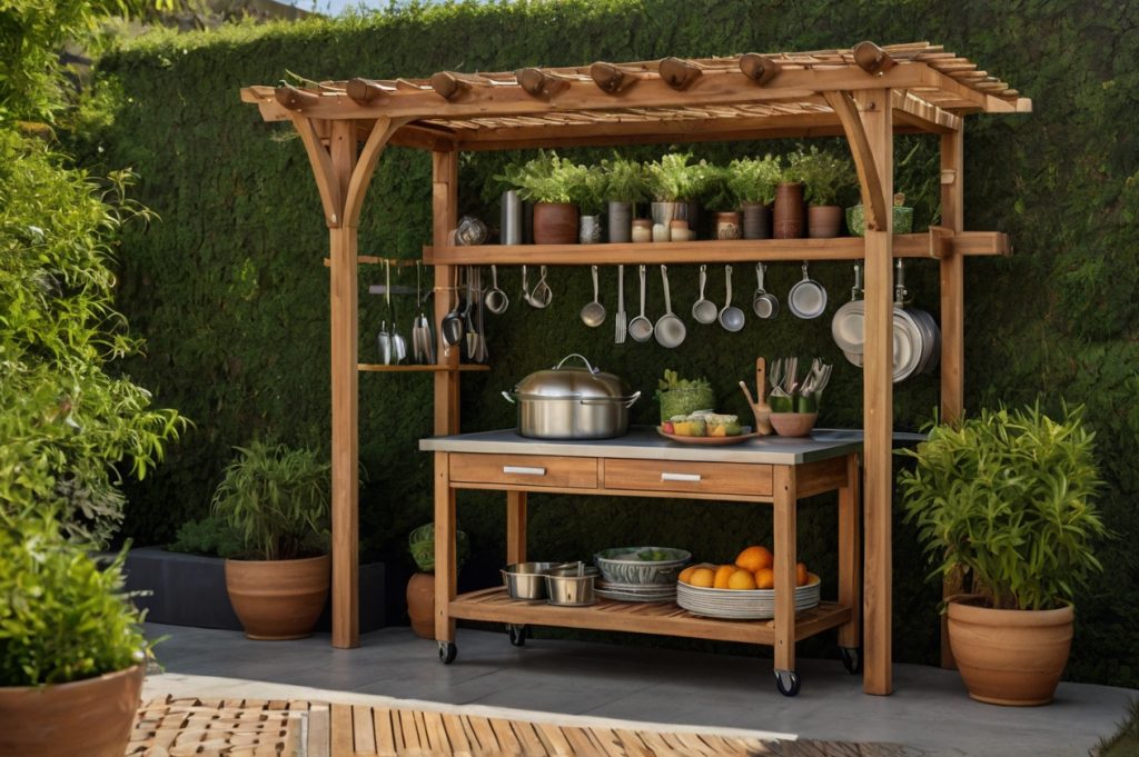 Outdoor-Küche mit Servierwagen aus Akazienholz und Kräutern im Garten