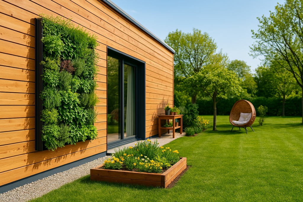 Vertikaler Kräutergarten an einer modernen Holzfassade mit Hochbeet im Garten