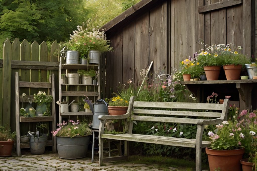 Vintage-Gartenecke mit alter Gartenbank, Gießkannen und Blumen