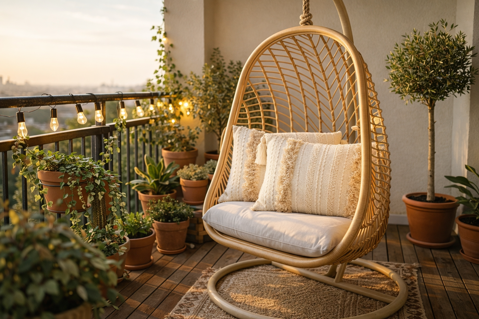 Boho Balkon Oase mit Hängesessel, Kissen und Lichterkette