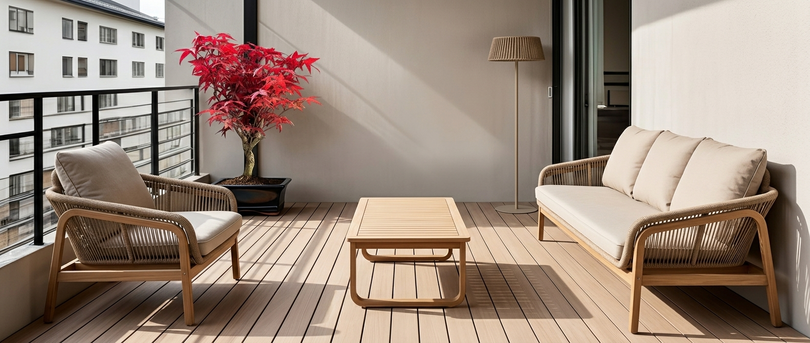 Japandi Terrasse mit Vellana Set und Bonsai