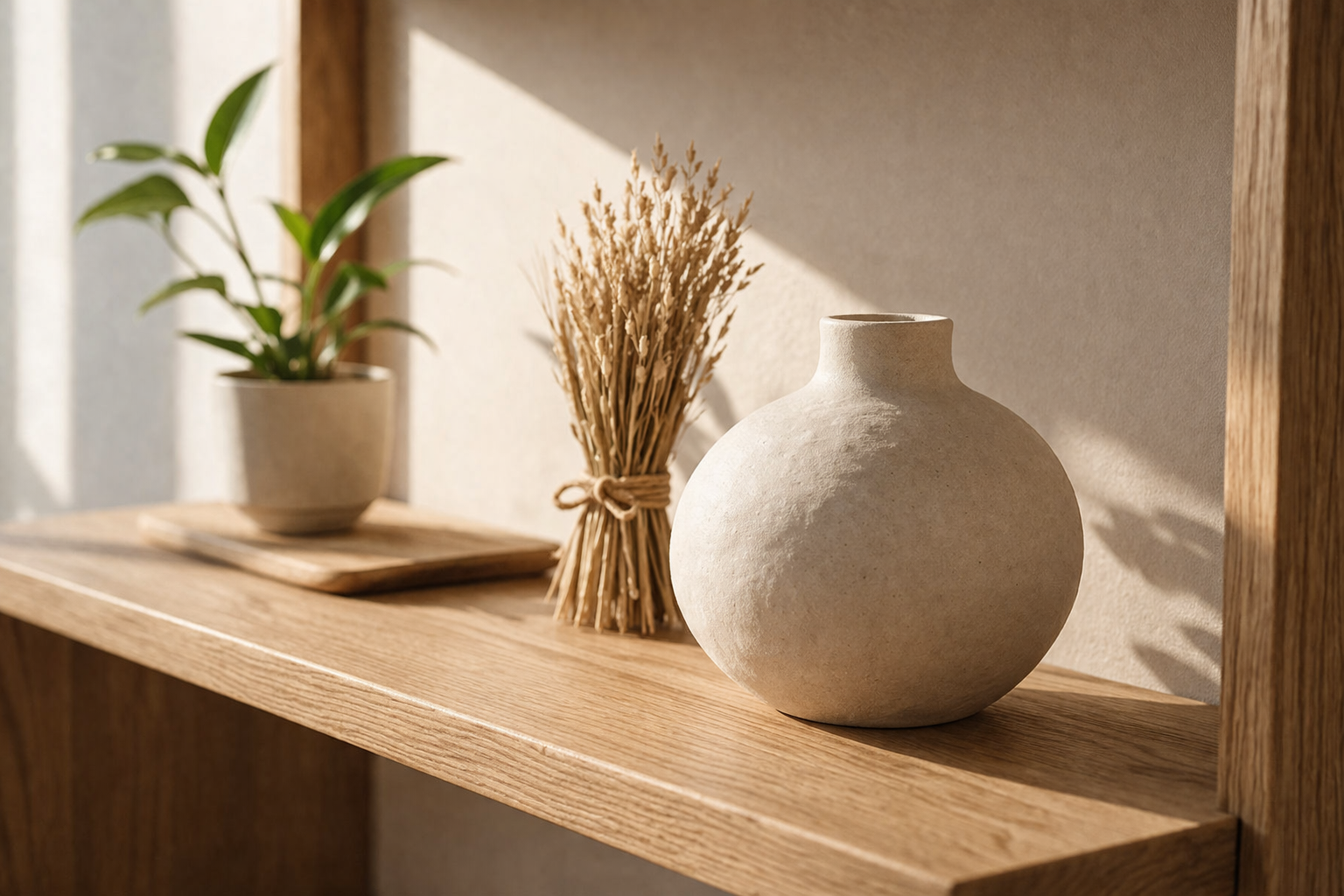 Japandi Detail mit Holzregal, Keramik und Pflanze