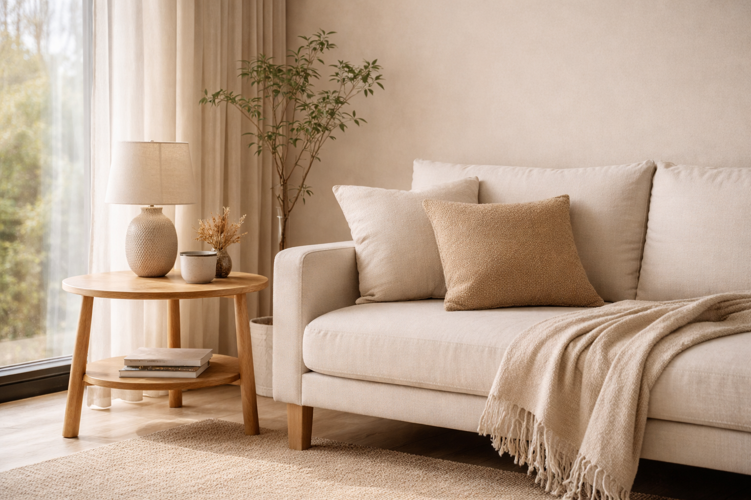 Japandi Wohnzimmer mit ruhiger Farbpalette und natürlichen Möbeln