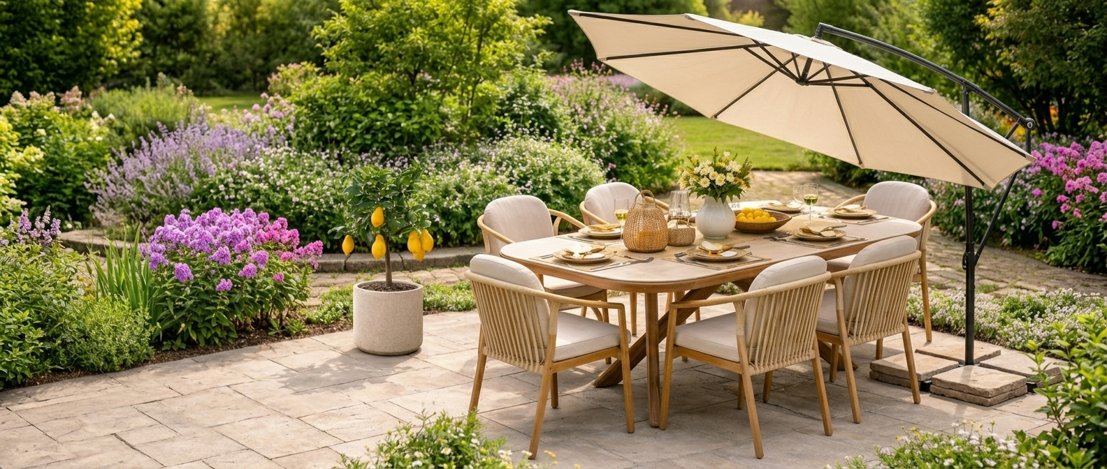 Mediterrane Terrasse mit Essgruppe und Sonnenschirm