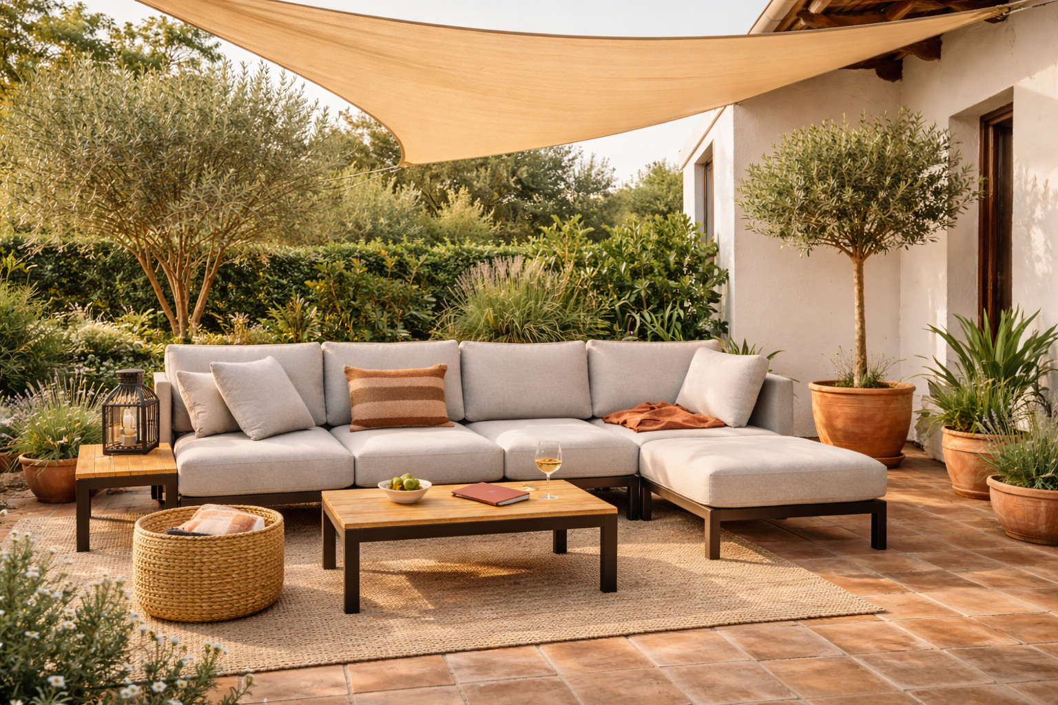 Mediterrane Terrasse mit Outdoor Sofa, Olivenbaum und Sonnensegel