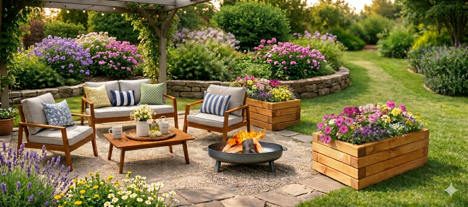 Naturgarten Lounge mit Feuerschale und Lounge Set