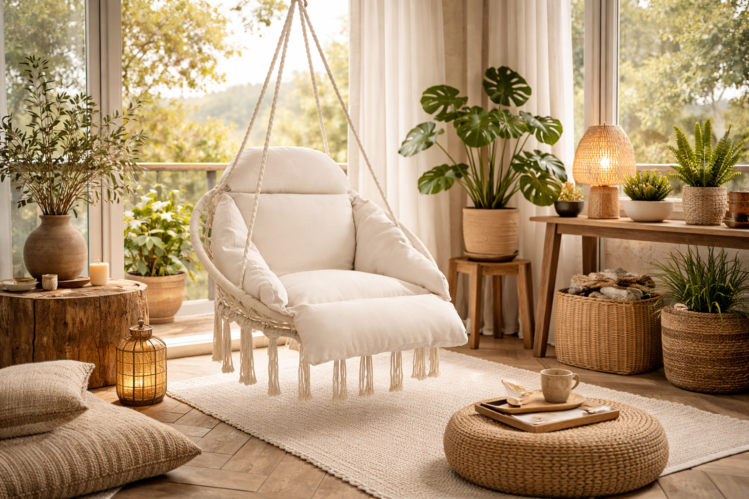 SONGMICS Hängesessel Boho Cremeweiß