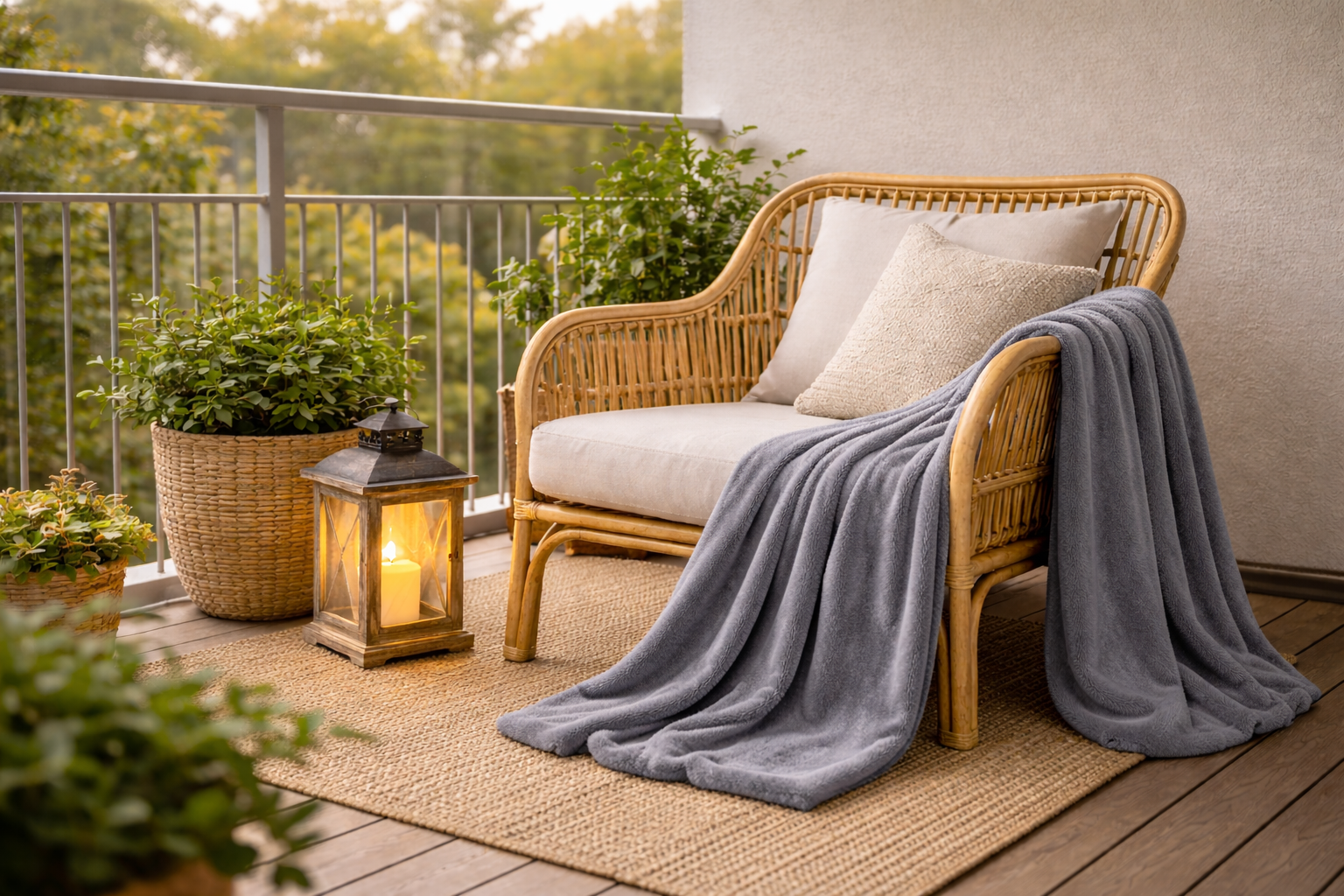 Skandinavischer Balkon mit Rattan Sessel, Jute Teppich und Laterne