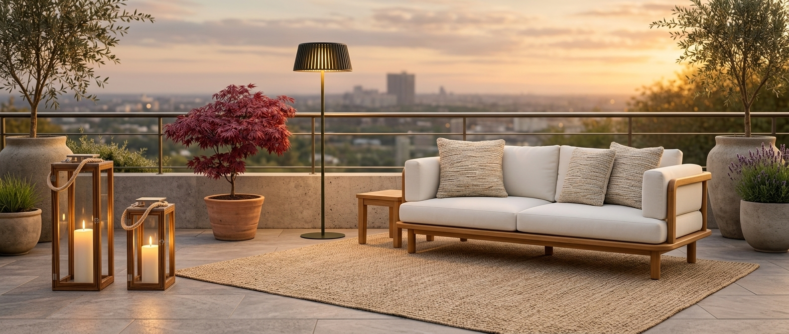 Japandi Terrasse mit FSC Teakholz Sofa, Japanischem Ahorn und warmem Abendlicht