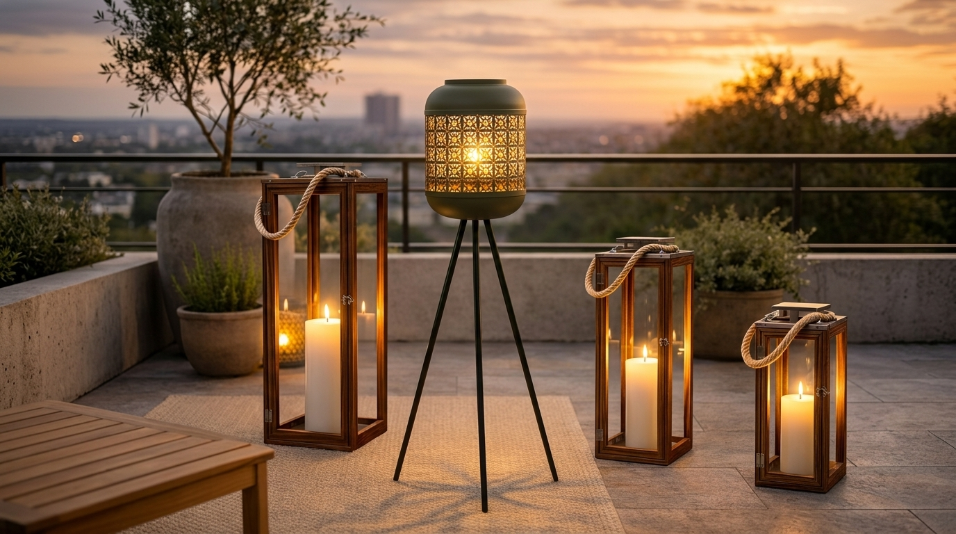 Japandi Terrasse Abendstimmung mit Holzlaternen und Solar Stehlampe
