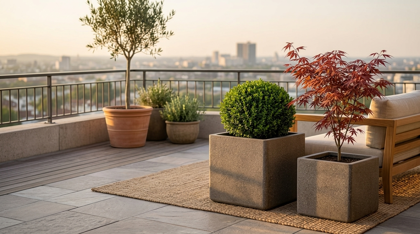 Japandi Terrasse Pflanzakzent mit Japanischem Ahorn und Zementtopf