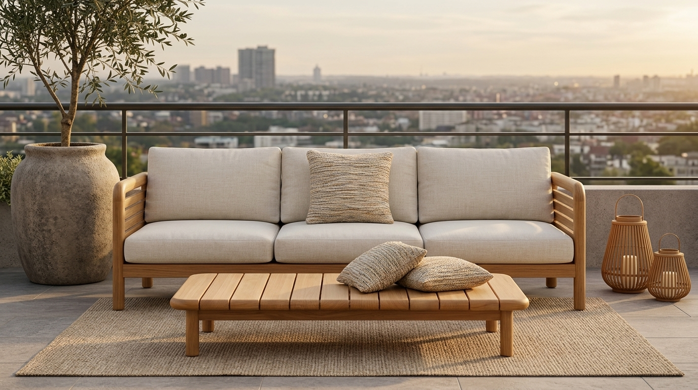 Japandi Sitzbereich mit FSC Teakholz Sofa und Jute Kissen