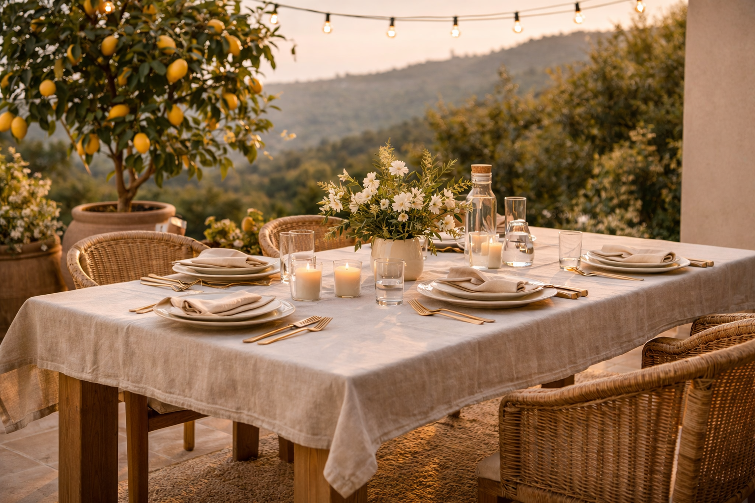 Mediterraner Outdoor Esstisch mit Zitronenbaum und Lichterkette
