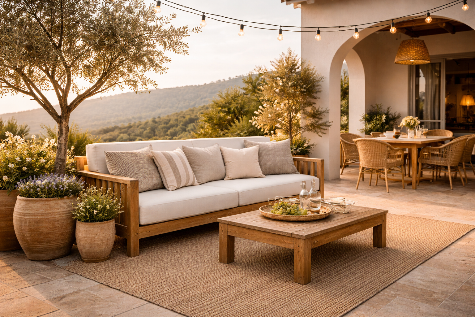 Mediterrane Terrasse mit FSC Holz Sofa, Olivenbaum und Terrakotta Töpfen