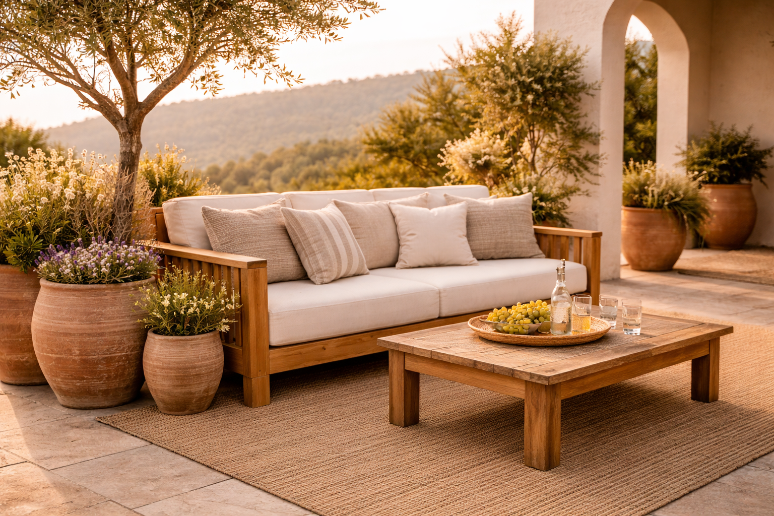 Mediterrane Outdoor Lounge mit Naturholz und warmen Kissen
