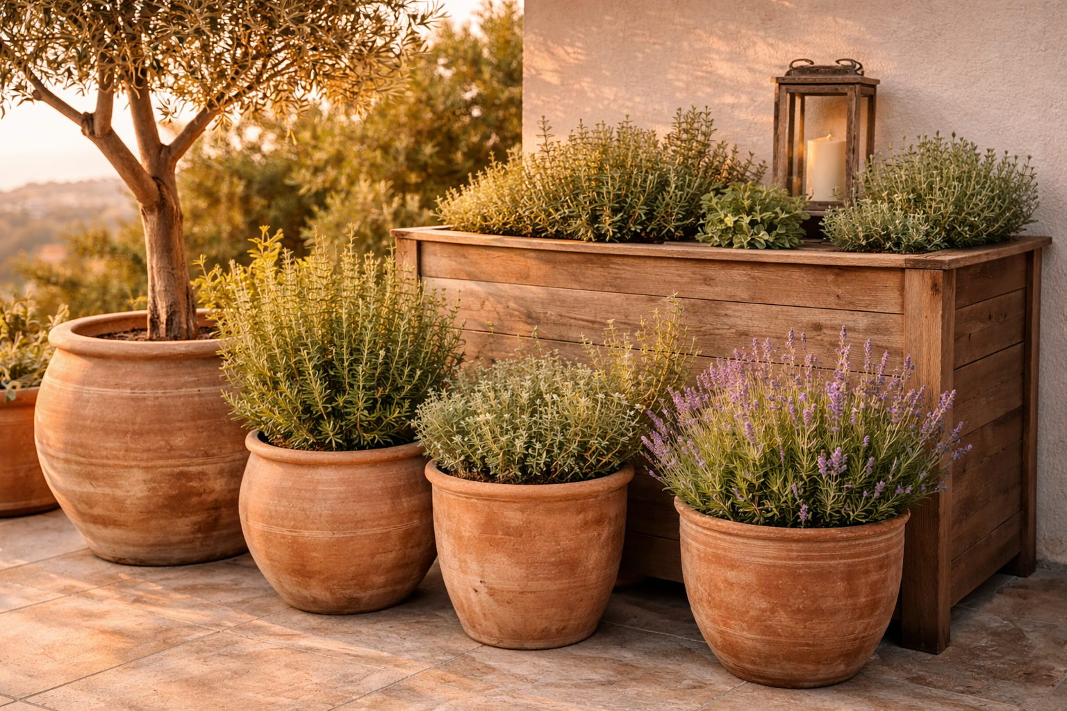 Mediterrane Terrassendeko mit Terrakotta Töpfen und Olivenbaum