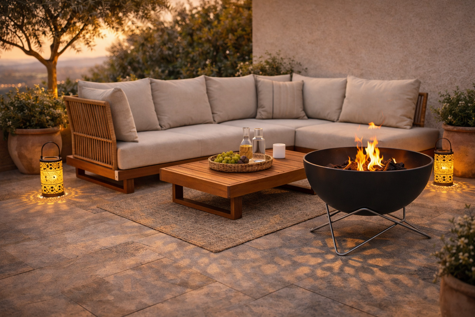 Feuerschale als Mittelpunkt einer natürlichen Lounge-Terrasse