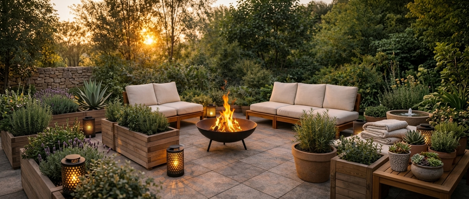 Naturgarten Lounge mit Feuerschale, FSC Holzmöbeln und Pflanzkästen