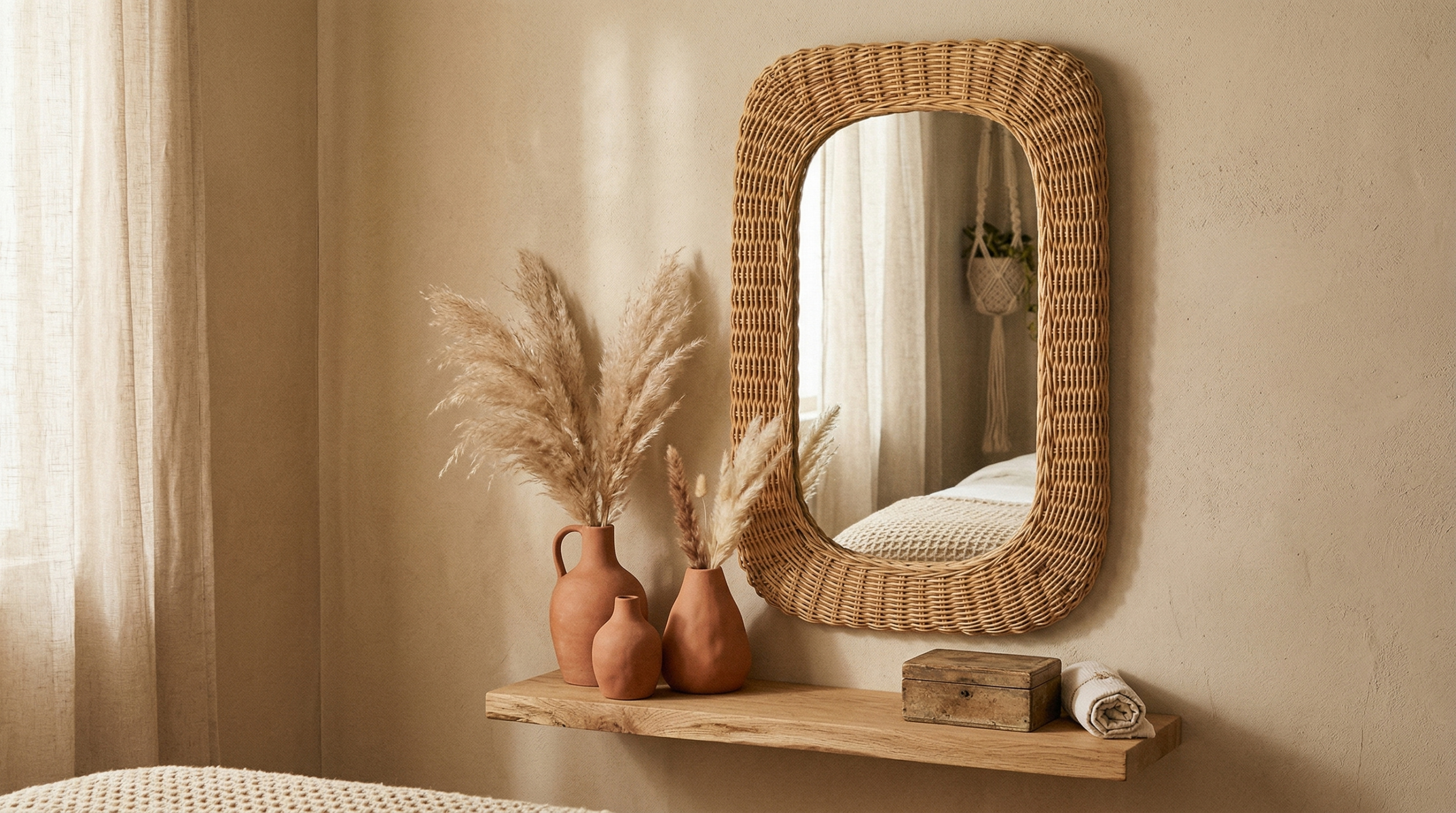 Boho Schlafzimmer Detail mit Rattan Wandspiegel und Terrakotta Vasen