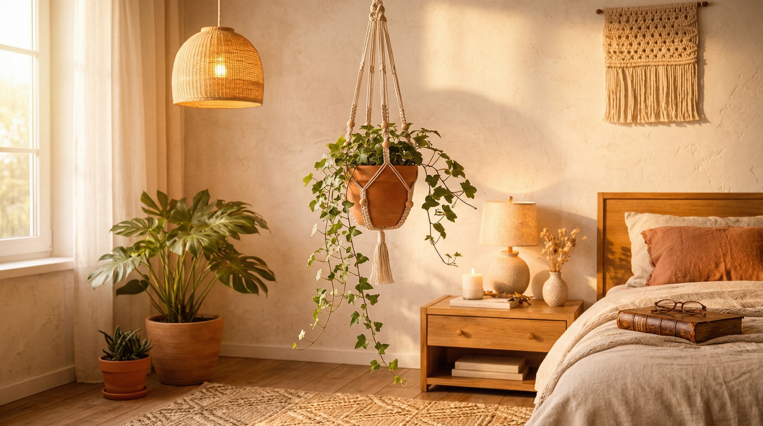 Boho Schlafzimmer Atmosphäre mit Makramee Blumenampel und warmem Licht