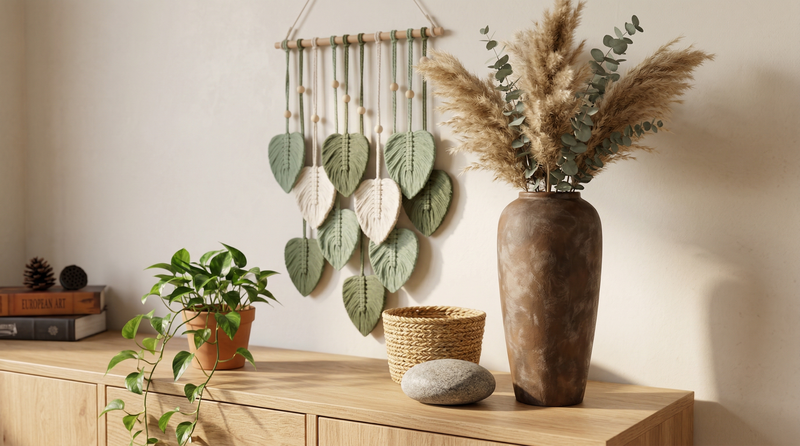 Boho Wohnzimmer Deko Detail mit Keramikvase, Makramee und Trockenblumen