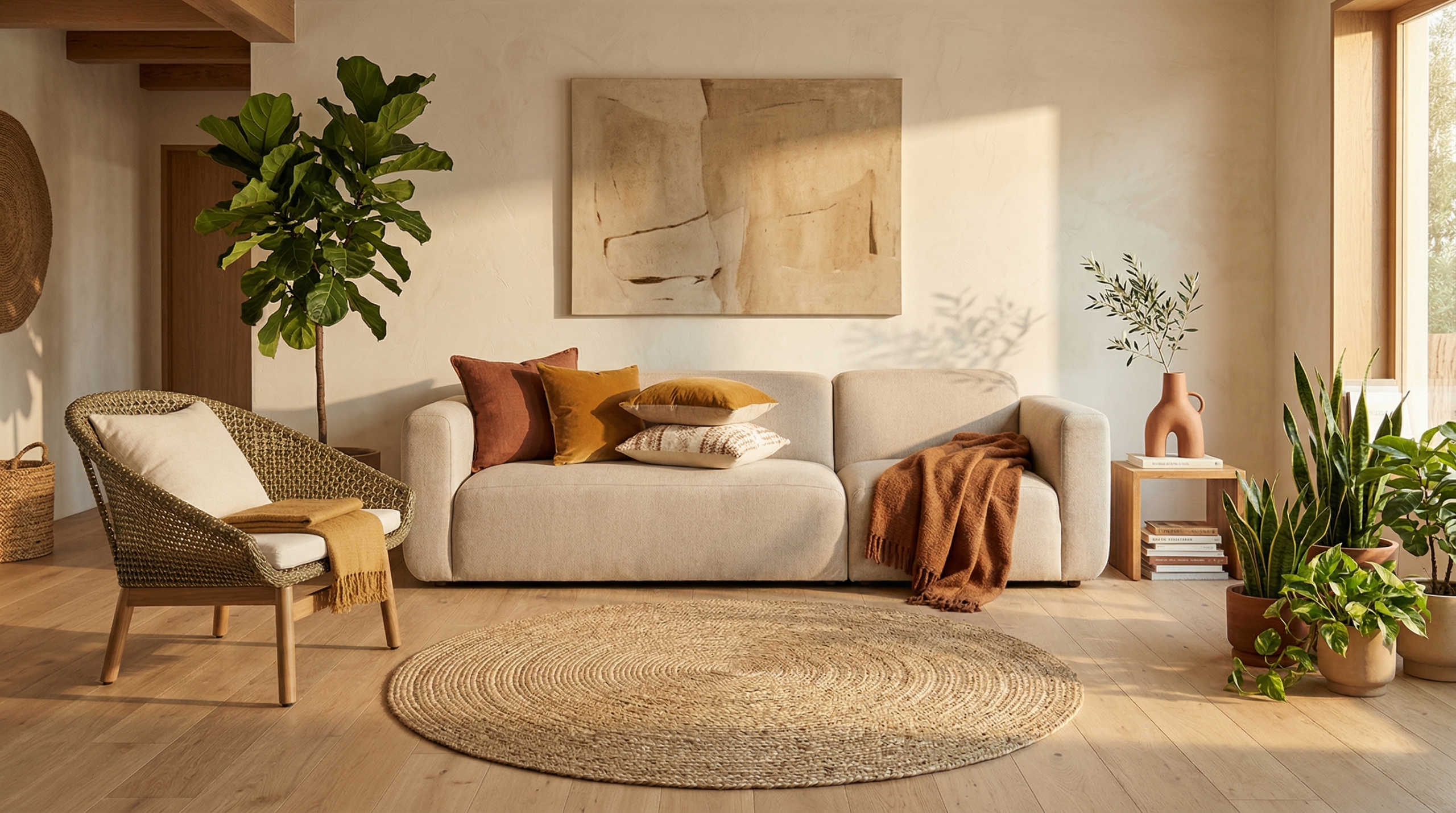 Boho Wohnzimmer Farbpalette mit Creme, Terrakotta, Rost und Naturholz