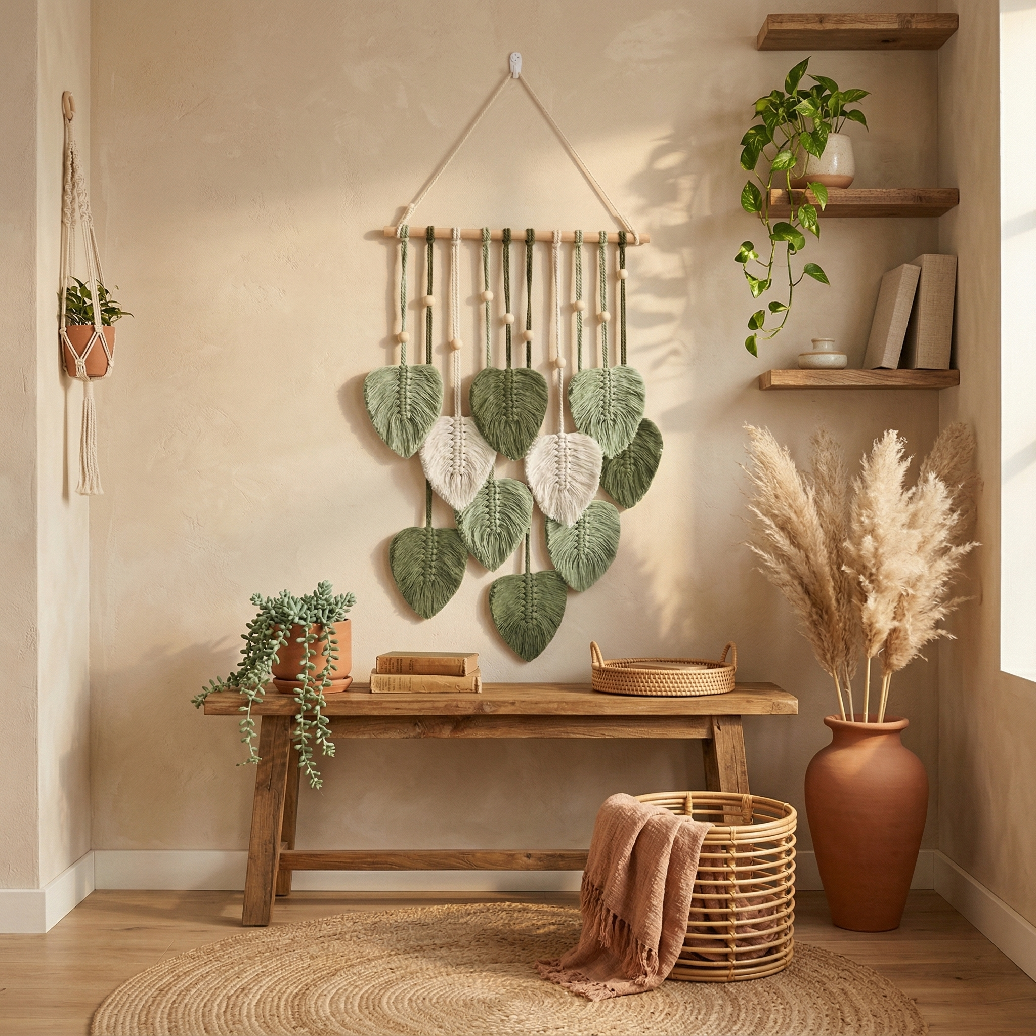 Makramee Wandbehang mit grünen Blättern für Boho Deko – Betylifoy