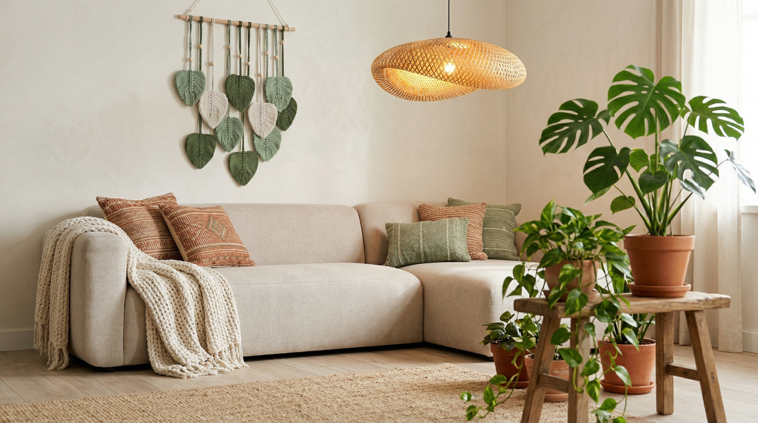 Boho Wohnzimmer Pflanzen und Textilien – Monstera, Makramee und Rattan Pendellampe
