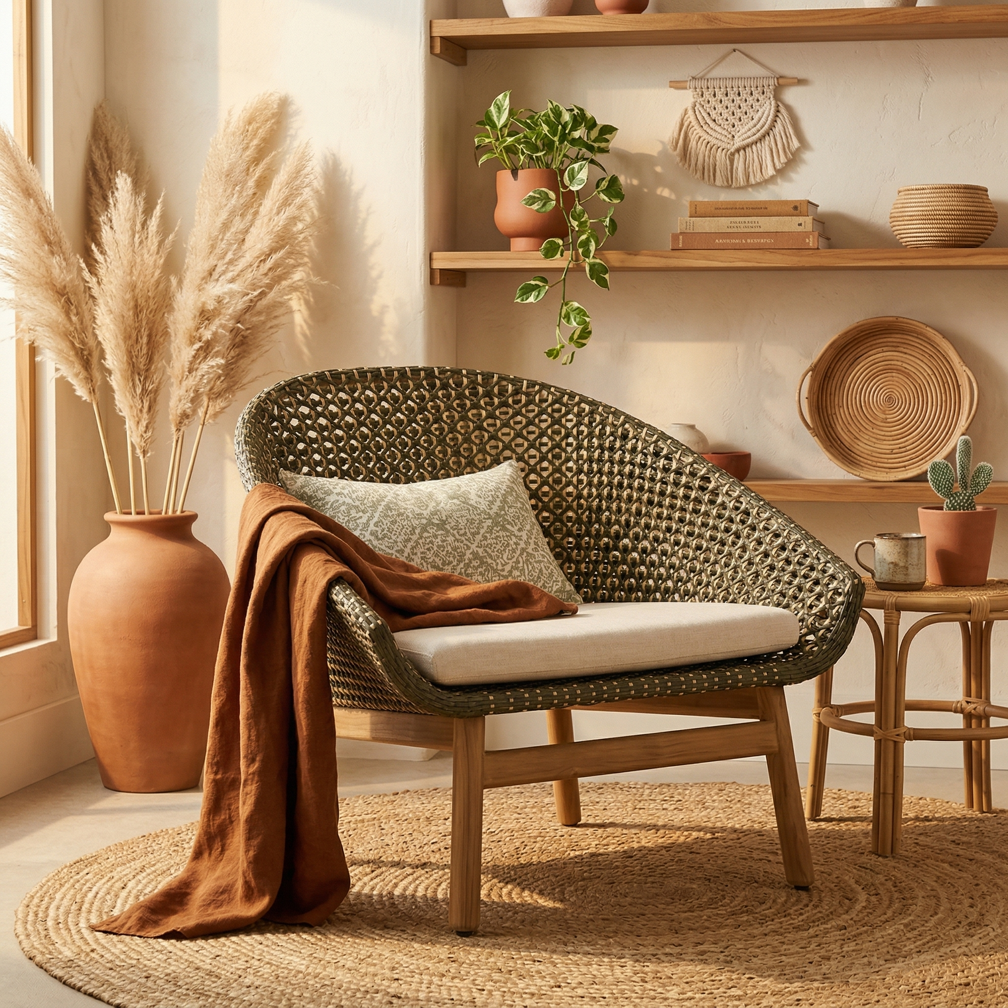 Rattan Sessel Olbia mit Teakholz für Boho Wohnzimmer – Kave Home