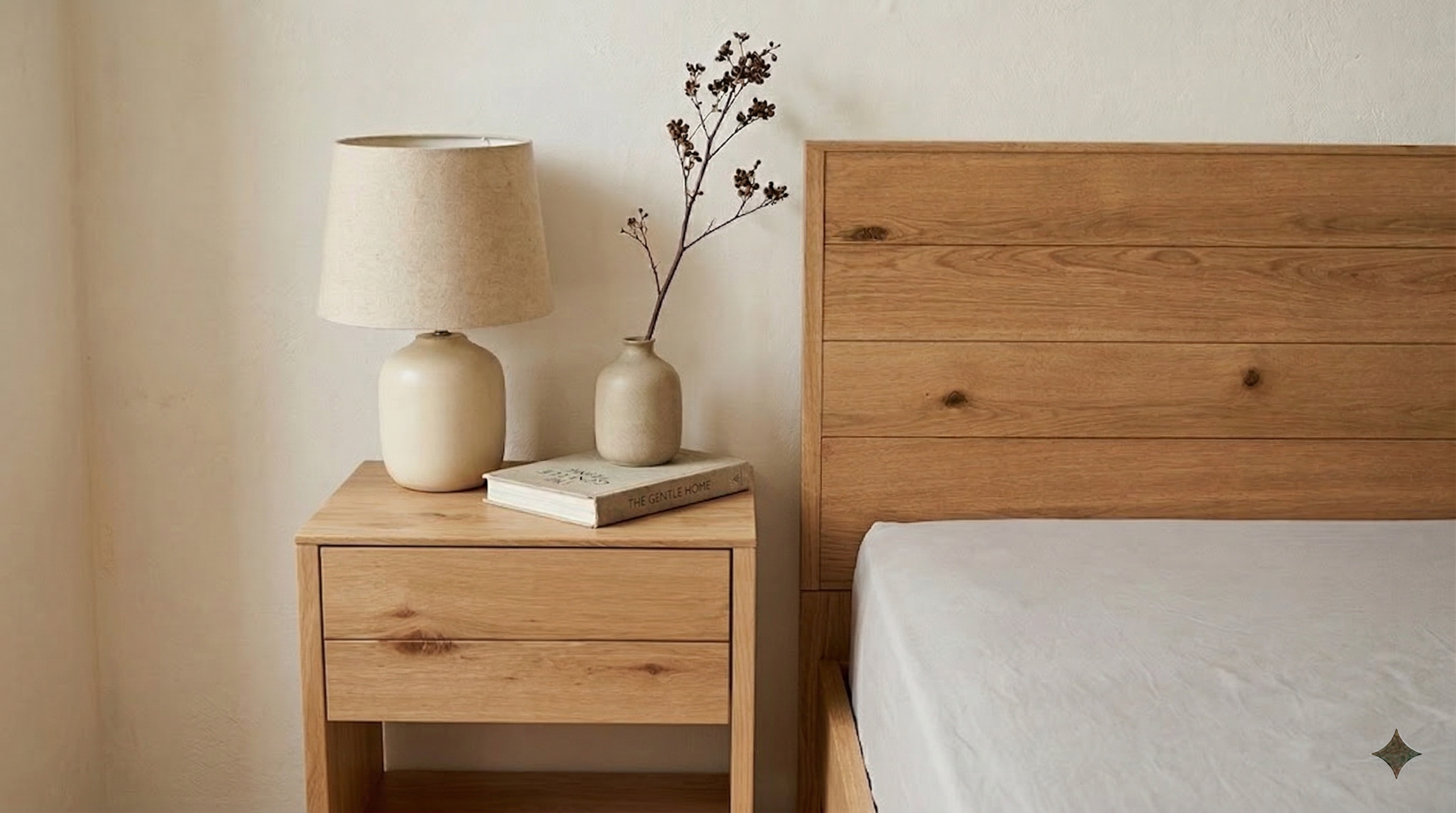 Japandi Schlafzimmer Detail mit Holznachttisch und Leinenpolster